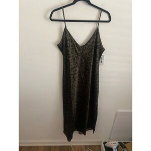 Calvin Klein Jeans Womens XL Olive Green Leopard Print Satin Slip Midi Dress NEW